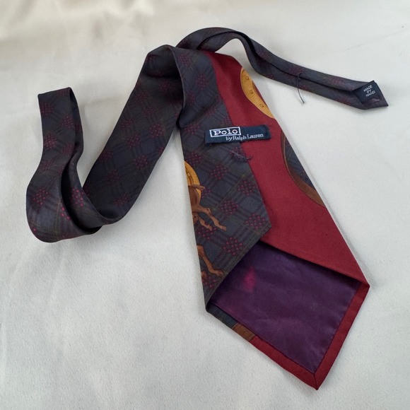 Polo Ralph Lauren Silk Tie Mens Burgundy Navy Plaid Equestrian Jockey Horse USA - Picture 9 of 9